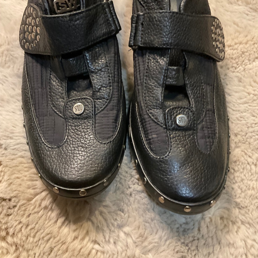 Stuart Weitzman Black Leather Studded Sneakers Size 9 Womens‎ - Picture 2 of 9
